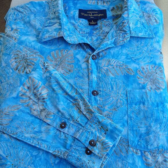 Pete Huntington Handcrafted Bali Batik Shirt L long sleeve blue ferns button-up - Picture 1 of 14